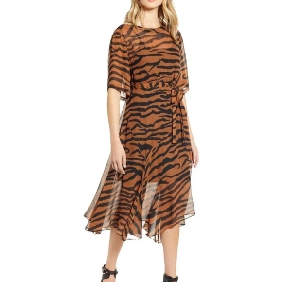NWT All Saints Enki Zephyr tiger print chiffon asymmetrical belted midi dress - Picture 5 of 5